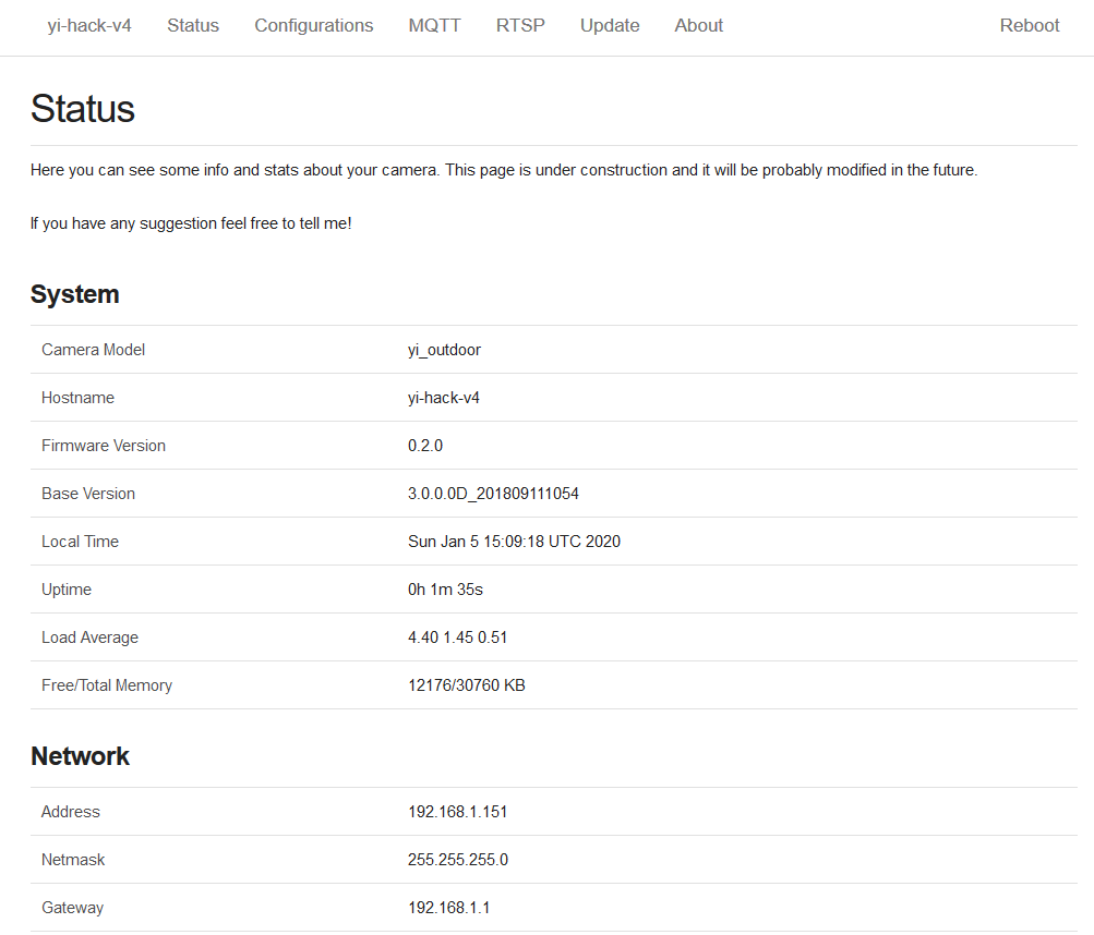 Status page for Yi Hacks v4 - Yi Cam Outdoors Home
