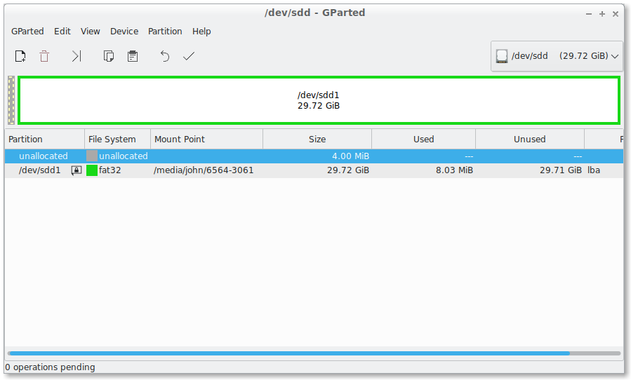 GParted showing SD Card is already FAT32 formatted.