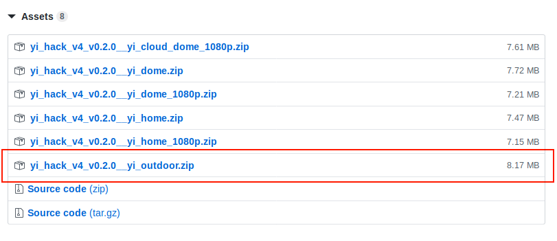 Yi Hack v4 release page screenshot