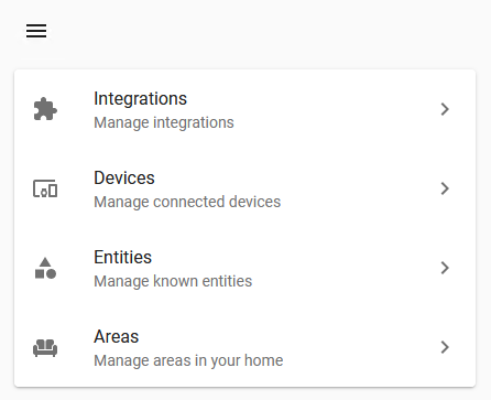 The Home Assistant Configuration Page Including Settings for Integrations, Devices, Entities and Areas