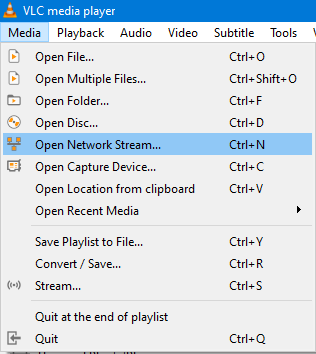 VLC Media Menu with Open Network Stream Highlighted