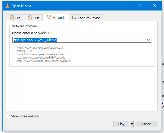 VLC open network stream window