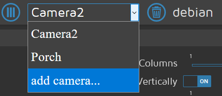MotionEye - Where to add a new camera, in the menu select add camera from the drop down box on the top left of the page.