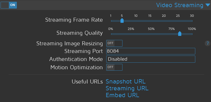 MotionEye Video Streaming Settings - Enable MJPEG streaming in MotionEye