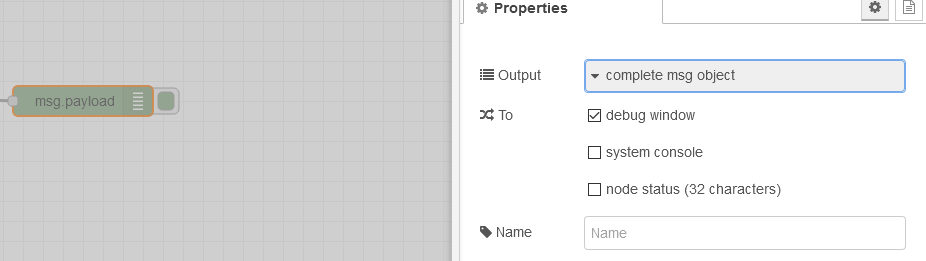 Debug node with the output set to "complete msg object" in Node-RED