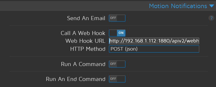 MotionEye webUI showing the Motion Notification settings