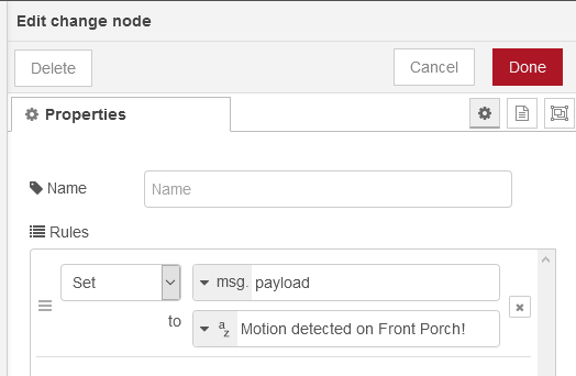 Change node - setting msg.payload to a text string we define.