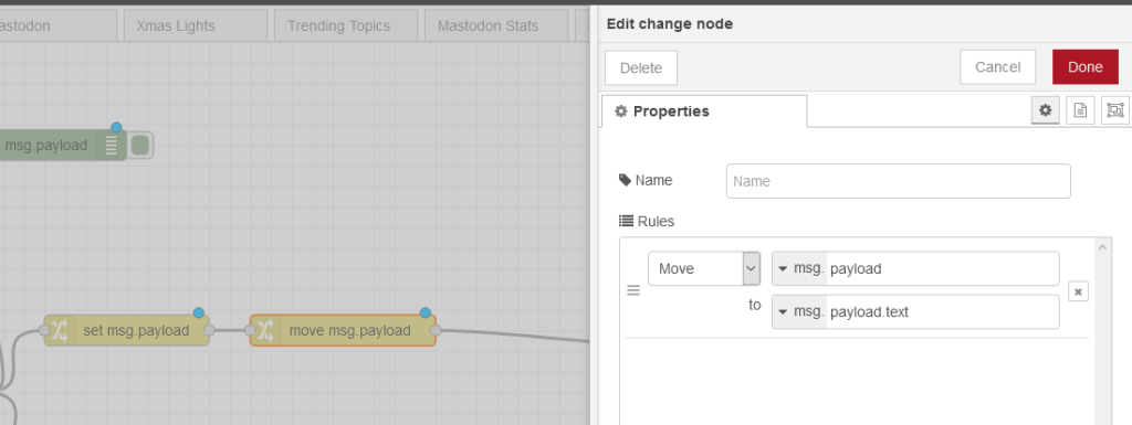 Our second change node that moves the msg.payload to another JSON location.