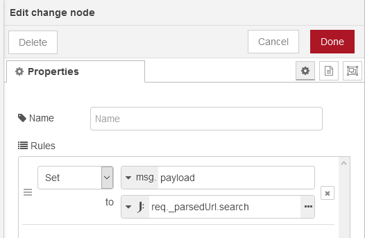 Here with a change node we set the msg.payload equal to what the webhook received as the URL parameters - our filename coming from MotionEye