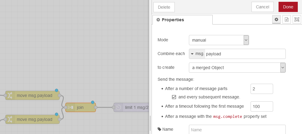 Our join node combining our msg.payloads in manual mode to create a merged object.