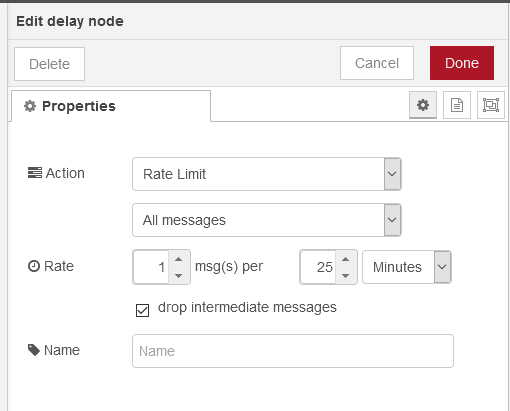Before posting to Mastodon with Node-RED we're going to rate limit those requests and stop them in Node-RED