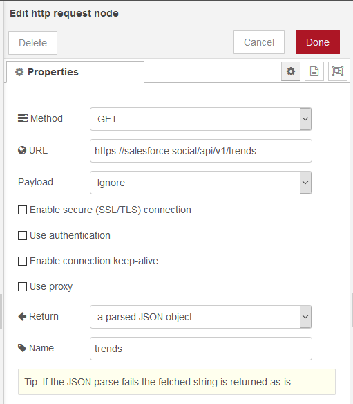HTTP Request node in Node-RED built to call the Mastodon API and pull the trending tags