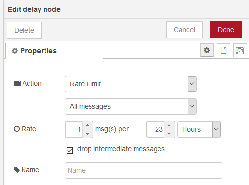 Node-RED Delay Node setup to rate limit toots sent to the Mastodon API