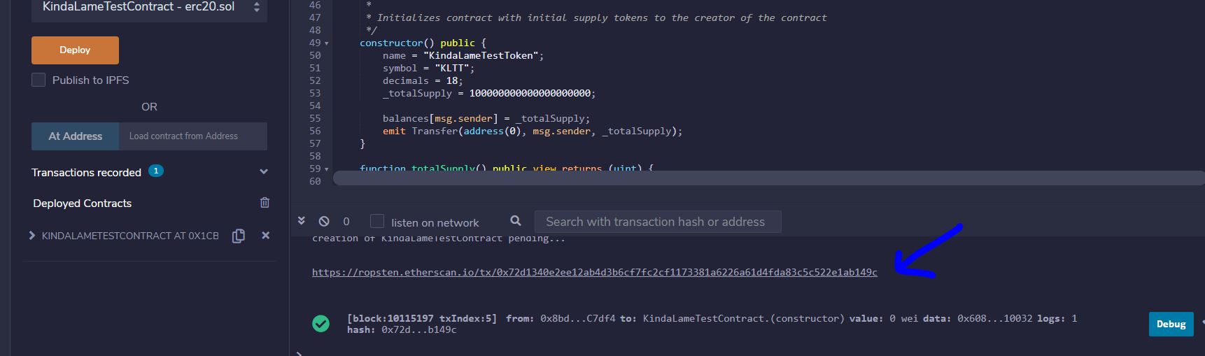 Remix IDE Console - ERC-20 Deployment Details