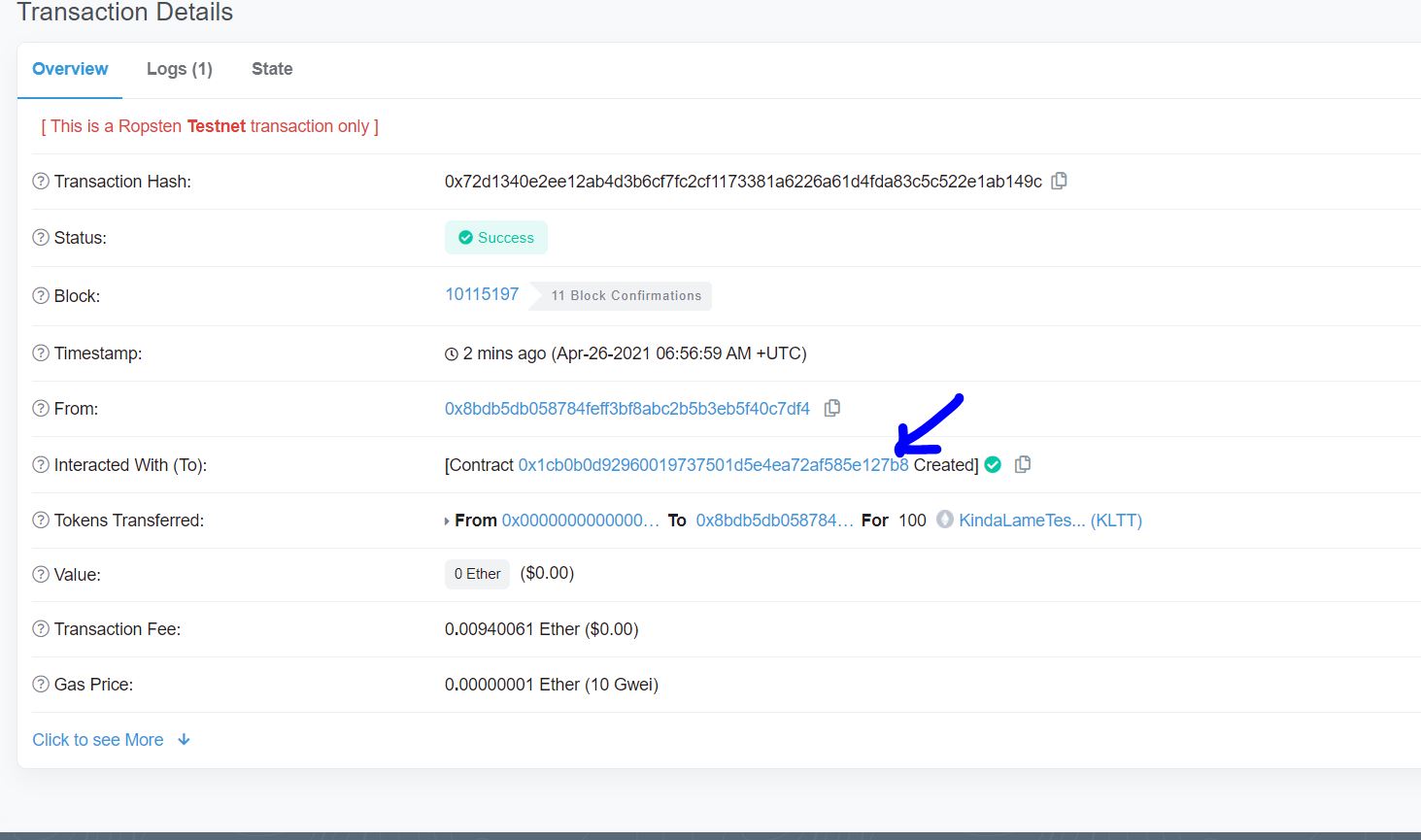 Ropsten Testnet - Etherscan View of ERC-20 Token Creation Transaction