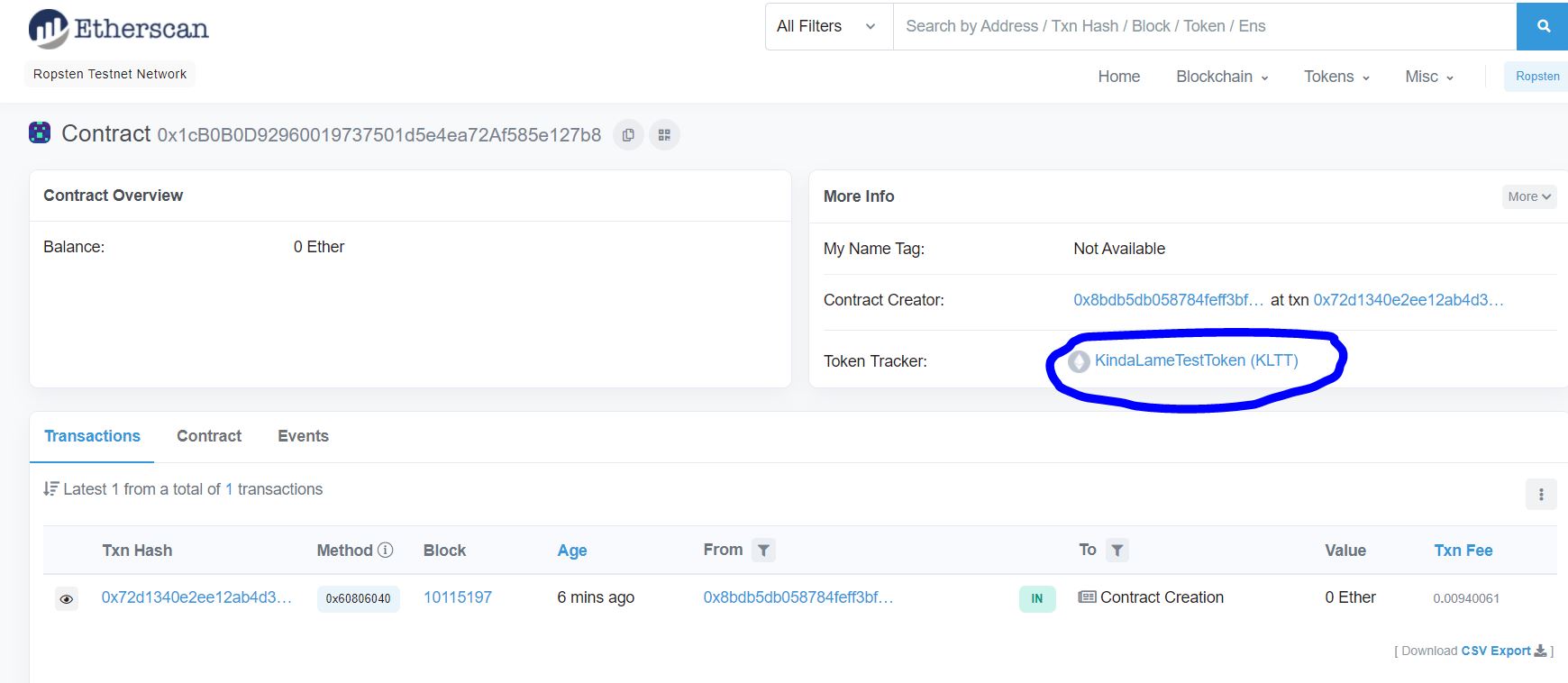 Etherscan Contract Details Page for ERC-20 Token