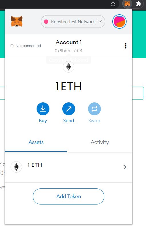 MetaMask Wallet Showing One Test Ethereum Balance