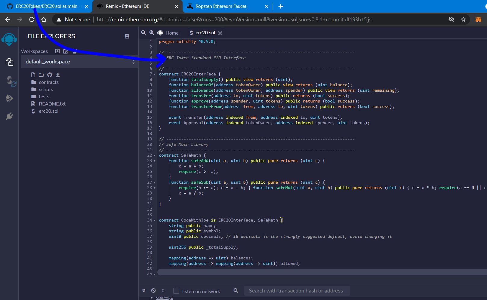 Copy code from Github into Remix for ERC-20 Creation