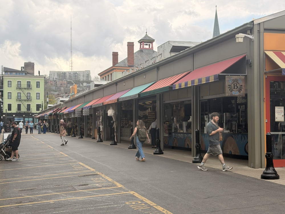 A closer street-level view of the Findlay Market sheds and awnings.
