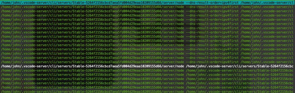 htop output: there are tons of node applications running as part of VS Code.